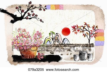 Stock Illustration - The image of flowers in basket, colored trees, mountain and full moon in the fall. Fotosearch