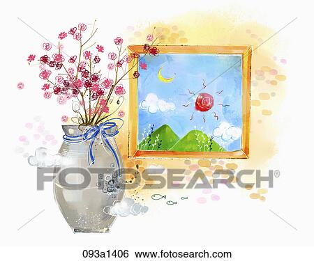 The image of flowers in vase and landscape from window View Large Illustration Stock Illustration - The image of flowers in vase and landscape from window. Fotosearch