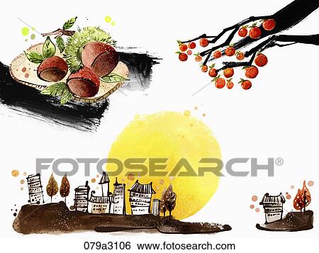 Stock Illustration - The image of fruits, town, and full moon in the fall . Fotosearch