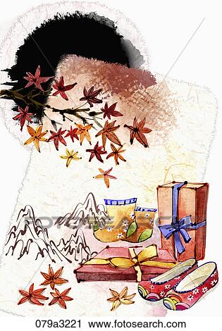 Clip Art - The image of gifts and colored leaves in the fall. Fotosearch