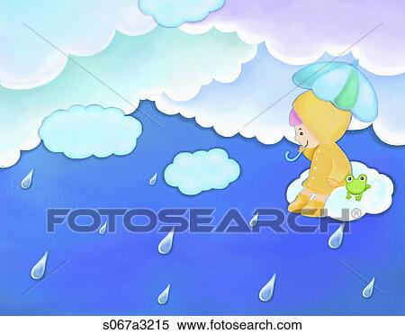 Stock Illustration - The image of girl and frog looking down on rain . Fotosearch