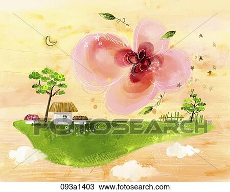 The image of green landscape and pink flower View Large Illustration Drawing - The image of green landscape and pink flower. Fotosearch