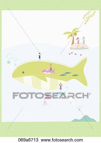 The image of green whale and sea creature View Large Illustration Drawing - The image of green whale and sea creature. Fotosearch