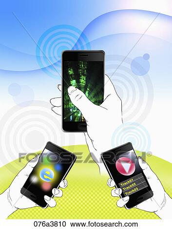 Clipart - The image of hand using various functions of cell phone. Fotosearch