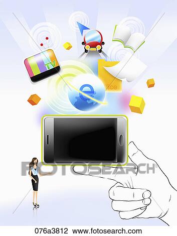 Drawing - The image of hand with cellphone equipped with various functions. Fotosearch