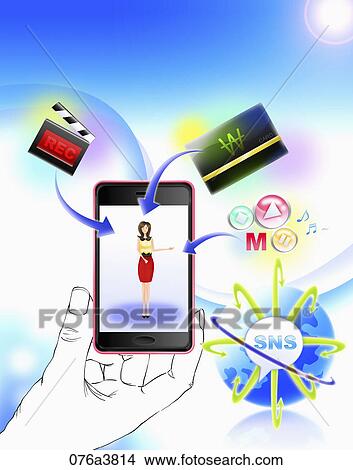 Stock Illustration - The image of hand with cellphone equipped with various functions. Fotosearch