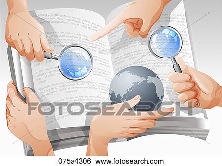 The image of hands around book with magnifier and globe View Large Illustration Stock Illustration - The image of hands around book with magnifier and globe. Fotosearch