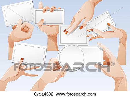 The image of hands signs around white card View Large Illustration Drawing - The image of hands signs around white card. Fotosearch