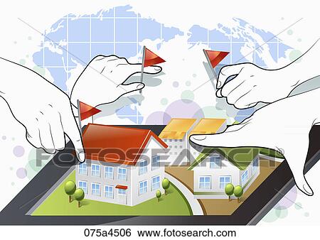 Stock Illustration - The image of hands with houses and map in tablet PC. Fotosearch