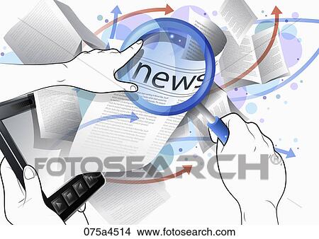 Stock Illustration - The image of hands with newpaper coming out from tablet PC. Fotosearch