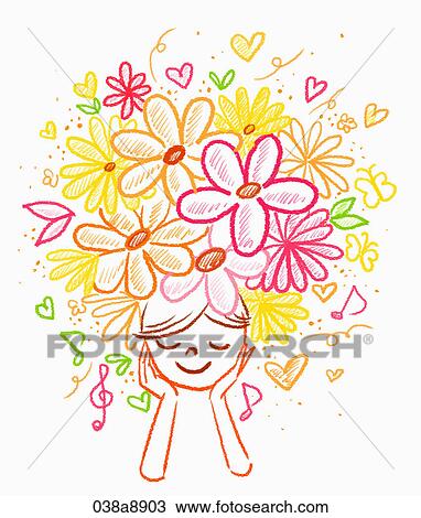Drawing - The image of happy person with flowers on . Fotosearch