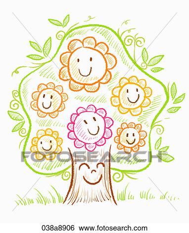 Stock Illustration - The image of happy tree with happy flowers. Fotosearch