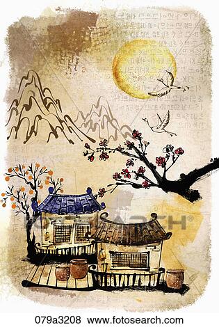 Stock Illustration - The image of houses, cranes, mountain and full moon in the fall. Fotosearch