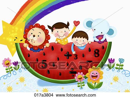 The image of Kids eating math watermelon View Large Illustration Stock Illustration - The image of Kids eating math watermelon . Fotosearch
