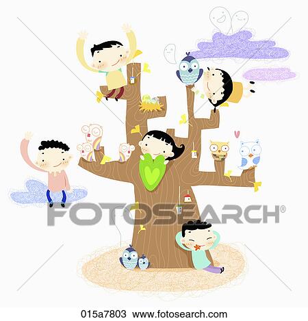 Drawing - The image of kids on the tree. Fotosearch