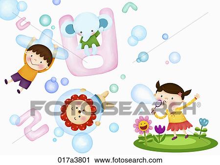 The image of Kids playing with Korean letter bubbles View Large Illustration Clip Art - The image of Kids playing with Korean letter bubbles. Fotosearch