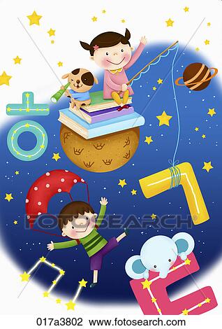 The image of Kids playing with Korean letter in the dark sky View Large Illustration Drawing - The image of Kids playing with Korean letter in the dark sky. Fotosearch