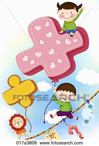Stock Illustration - The image of Kids playing with the math symbol balloons. Fotosearch