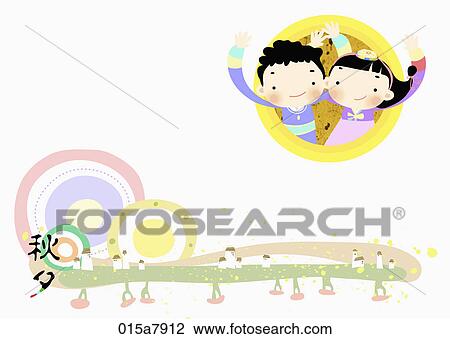 The image of kids wearing Korean traditional clothes for Chuseok View Large Illustration Drawing - The image of kids wearing Korean traditional clothes for Chuseok. Fotosearch