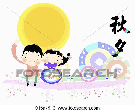 The image of kids wearing Korean traditional clothes for Chuseok View Large Illustration Drawing - The image of kids wearing Korean traditional clothes for Chuseok. Fotosearch