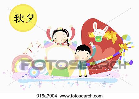 Stock Illustration - The image of kids wearing Korean traditional clothes for Chuseok. Fotosearch