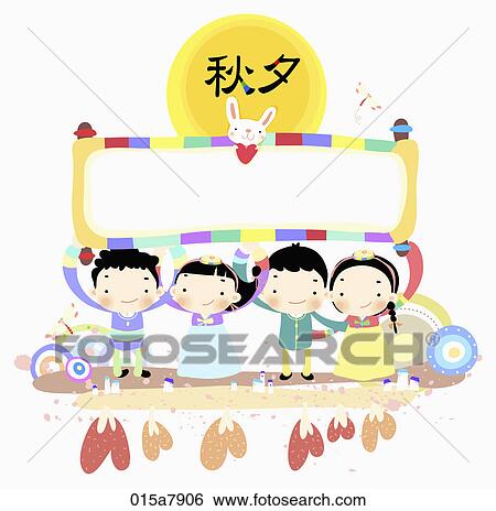 Stock Illustration - The image of kids wearing Korean traditional clothes for Chuseok. Fotosearch