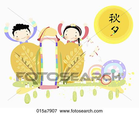 Stock Illustration - The image of kids wearing Korean traditional clothes for Chuseok. Fotosearch