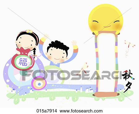 The image of kids wearing Korean traditional clothes for Chuseok View Large Illustration Stock Illustration - The image of kids wearing Korean traditional clothes for Chuseok. Fotosearch
