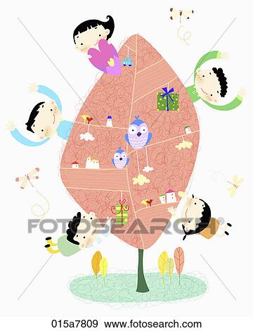 Stock Illustration - The image of kids with brown leaf. Fotosearch