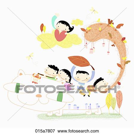 Stock Illustration - The image of kids with cat. Fotosearch