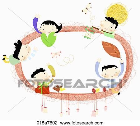 Drawing - The image of kids with gift and leaves. Fotosearch
