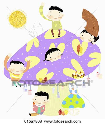 The image of kids with heart patterned mushroom View Large Illustration Stock Illustration - The image of kids with heart patterned mushroom . Fotosearch