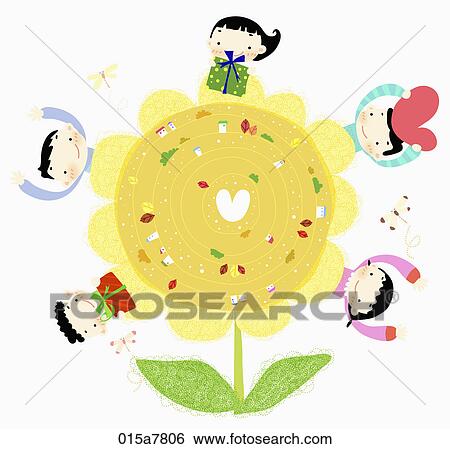 Stock Illustration - The image of kids with sunflower. Fotosearch