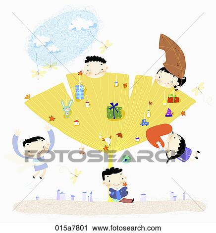The image of kids with toys and leaves View Large Illustration Clip Art - The image of kids with toys and leaves. Fotosearch