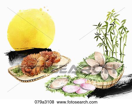 Stock Illustration - The image of Korean dessert and full moon in the fall . Fotosearch