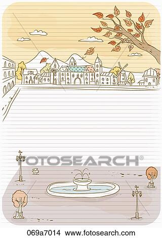 Stock Illustration - The image of letter with fall landscape and town. Fotosearch