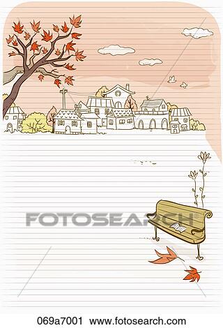 The image of letter with fallen leaves and bench View Large Illustration Clip Art - The image of letter with fallen leaves and bench. Fotosearch