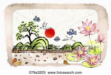 The image of lotus and land scape in the fall View Large Illustration Drawing - The image of lotus and land scape in the fall. Fotosearch