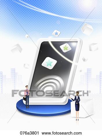 Clip Art - The image of man and woman with big screen cell phone. Fotosearch