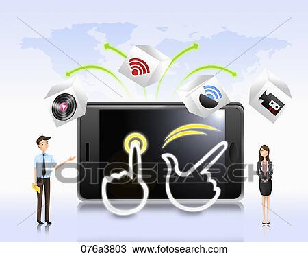 Drawing - The image of man and woman with networking cellphone. Fotosearch