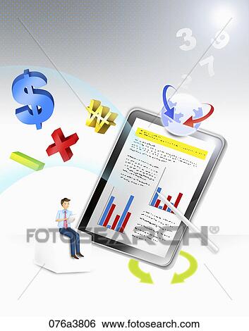 The image of man with tablet PC equipped with analytical fuction View Large Illustration Stock Illustration - The image of man with tablet PC equipped with analytical fuction. Fotosearch