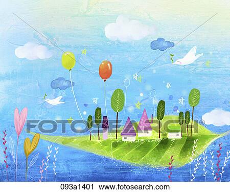 The image of peaceful town on the leaf View Large Illustration Clip Art - The image of peaceful town on the leaf. Fotosearch