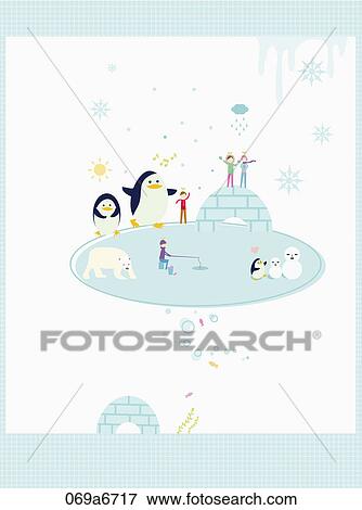 Stock Illustration - The image of penquin, polar bear, and ice house. Fotosearch