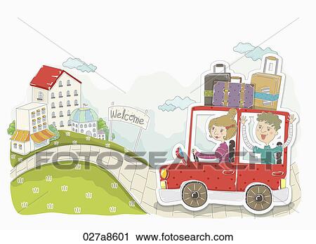 The image of people arriving town in the car View Large Illustration Clip Art - The image of people arriving town in the car. Fotosearch
