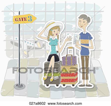 The image of people in the airpot with the suitcases View Large Illustration Drawing - The image of people in the airpot with the suitcases. Fotosearch