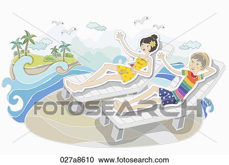 The image of people lying on sun bed by the sea View Large Illustration Clipart - The image of people lying on sun bed by the sea. Fotosearch