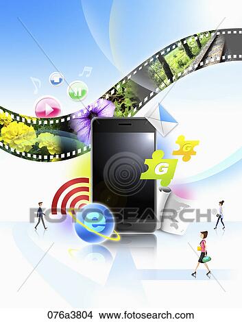 The image of people with cellphone equipped with various functions View Large Illustration Stock Illustration - The image of people with cellphone equipped with various functions. Fotosearch