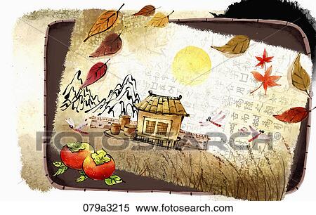 Stock Illustration - The image of persimmon, house, colored leaves in the fall. Fotosearch