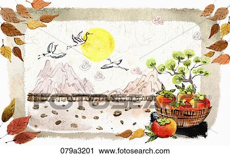 The image of persimmon, mountain and cranes, and full moon in the fall View Large Illustration Clip Art - The image of persimmon, mountain and cranes, and full moon in the fall. Fotosearch