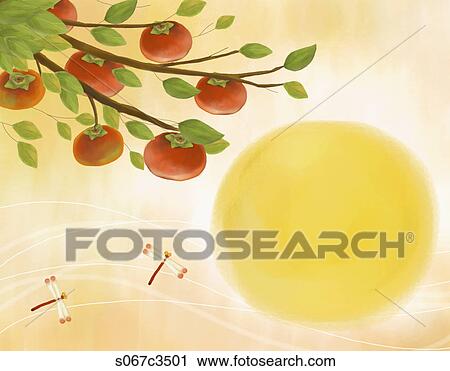 Clip Art - The image of persimmon tree, dragon fly, and full moon. Fotosearch